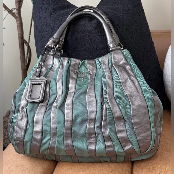 Prada Gray Leather and Green Nylon Tote Bag - Picture 1 of 6